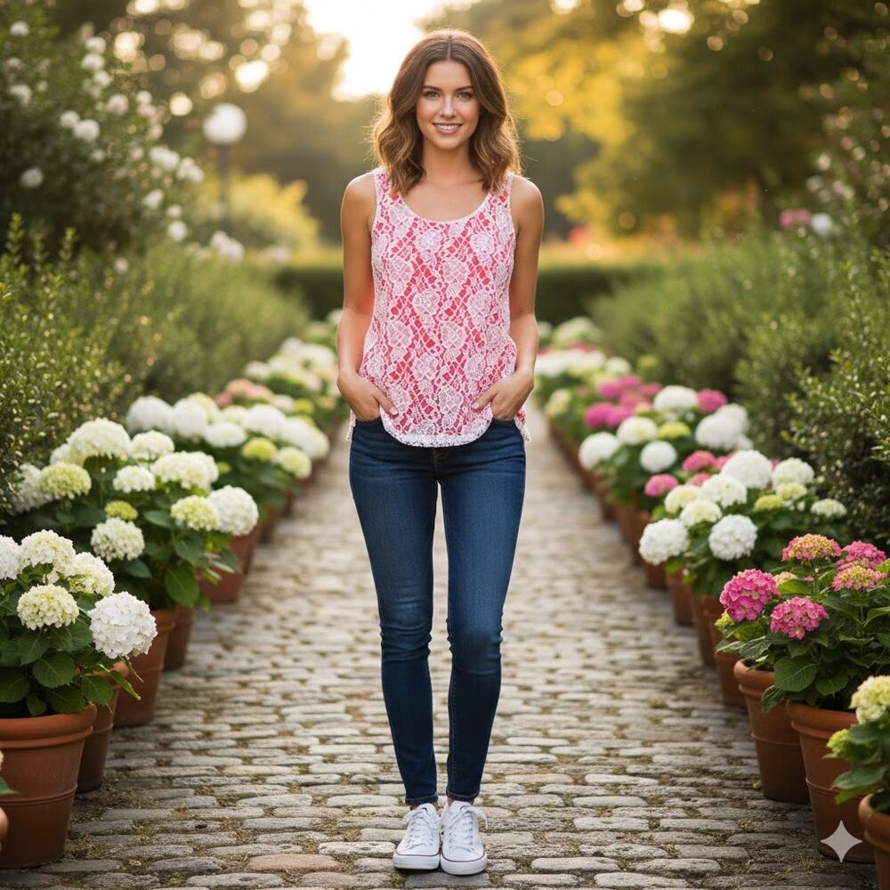 Francesca’s Dina Be Pink Lace Overlay Tank Top Back Zip Small